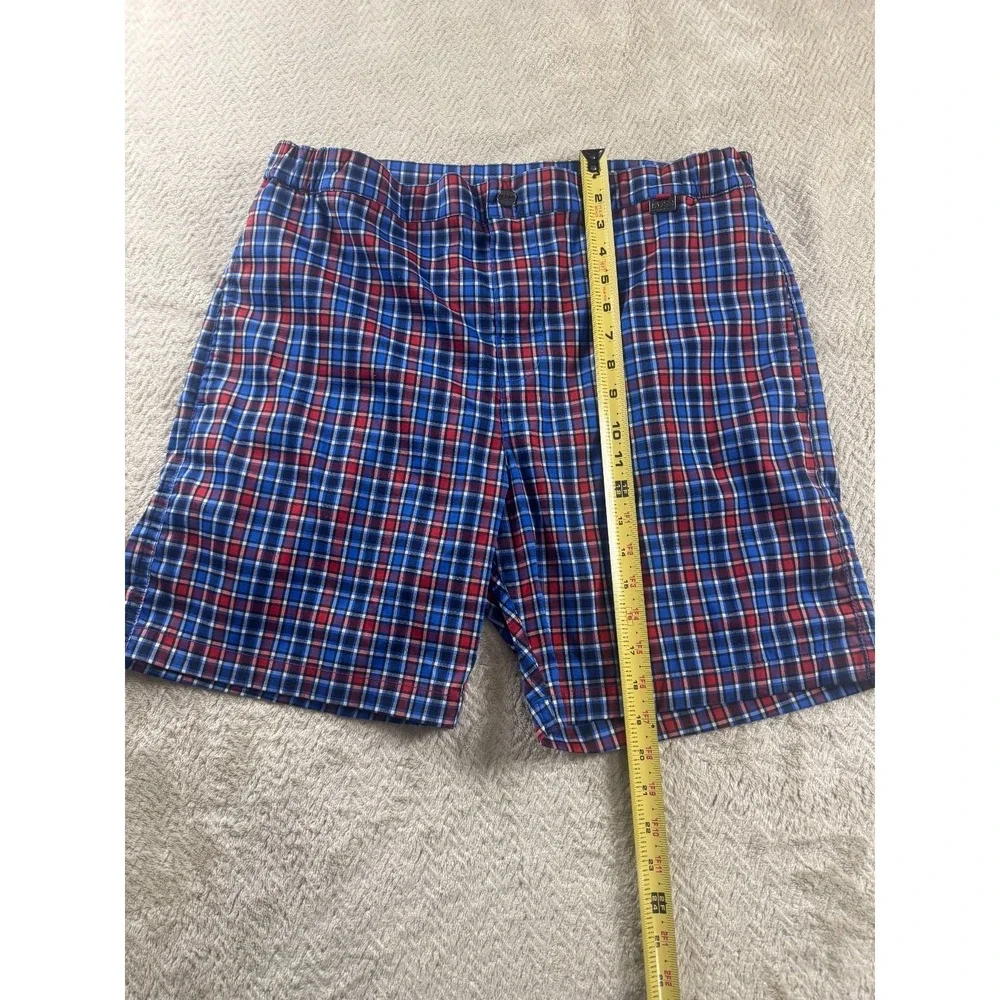 Hugo Boss Crocodile Shark Board Shorts Mens L Blue Red Plaid Mesh Built-In Brief